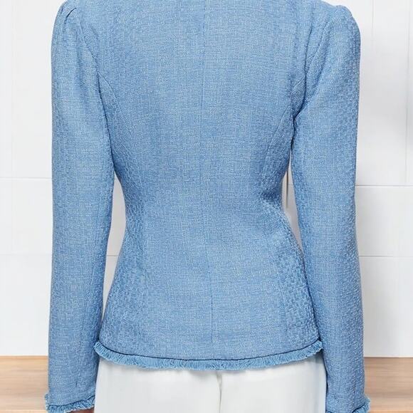 Fehaute-Women Blue Lapel Collar Buckle Tweed Blazer With Pockets Light Blue - Picture 4 of 4